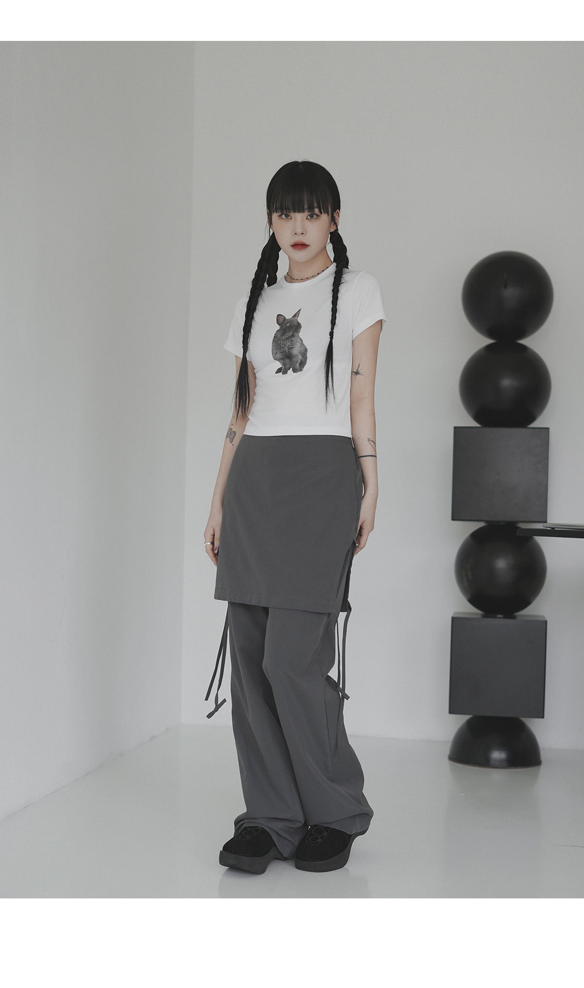 Binary01★Showner Check Layered Skirt Pants binary01 - Layered meloi skirt pants - Codibook.