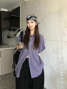 時尚亞麻格紋短袖襯衫