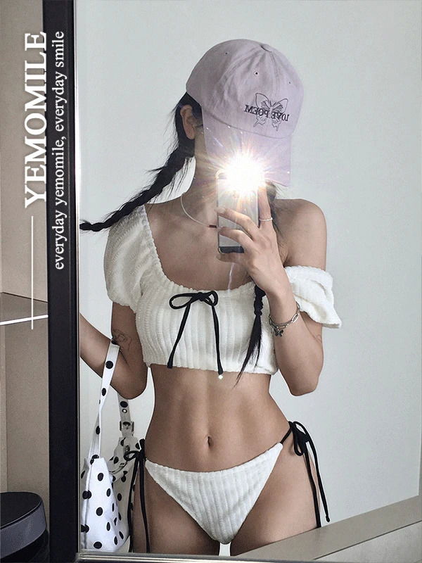 奶油色拼接蝴蝶結比基尼泳裝