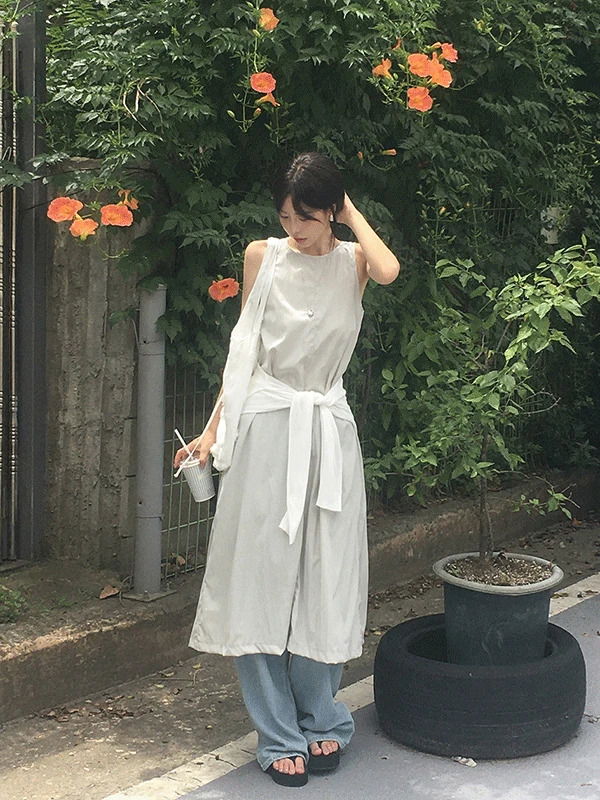 디프 여름 라운드 백리본 나일론 롱 레이어드 원피스(4color)