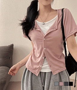 덴리 레이어드 일체형 반팔 가디건 티셔츠