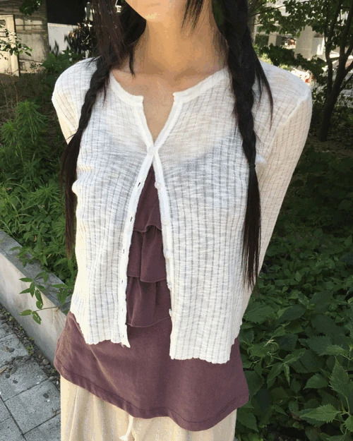 듀단 라운드 골지 시스루 긴팔 가디건