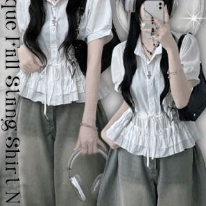 코미프릴캉캉퍼프스트링반팔셔츠블라우스(2color)