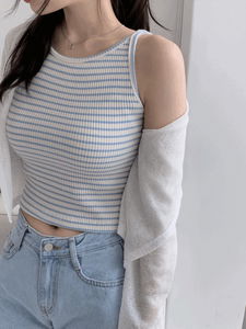 Ocean Boatneck Stripe Ribbed Spandex Crop Sleeveless Sleeveless (3 colors)