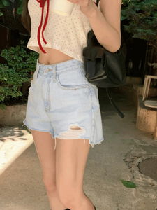 Ice Blue Cut Out Ripped A-Line Denim Shorts