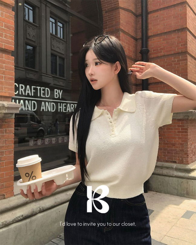 카라 부클 단작 반팔 니트