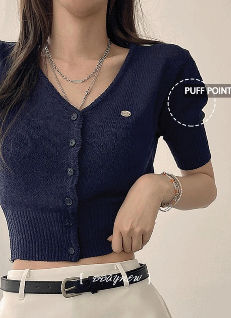 Clover Clip Short V-Neck Summer Puff Crop Waist Pendant Point Knitwear Cardigan 5 Colors