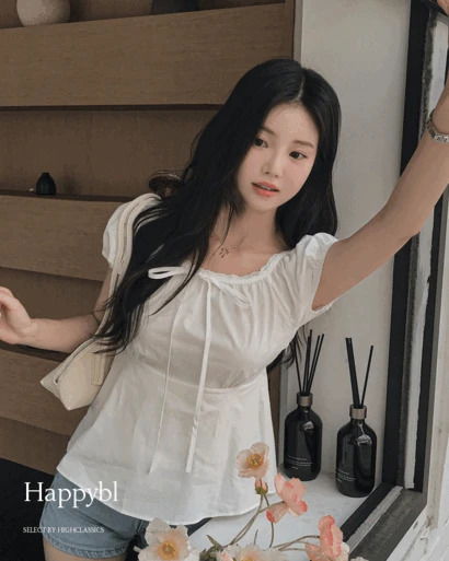 해피블 스퀘어넥 레이스 리본 퍼프 밴딩소매 허리끈 셔링 플레어 반팔 블라우스