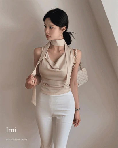 이미 타이SET 드레이프 핀턱 허리잘록 굴림 새틴 나시 블라우스