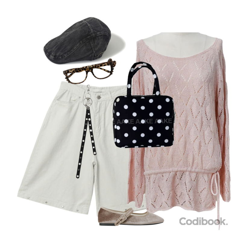 WONLOG 퍼니 제인 슈즈,ondeed 키티온 레오파드 호피 리본 고양이 안경,AAKE (2-WAY) DOT SQUARE BAG (white / black)등을 매치한 코디