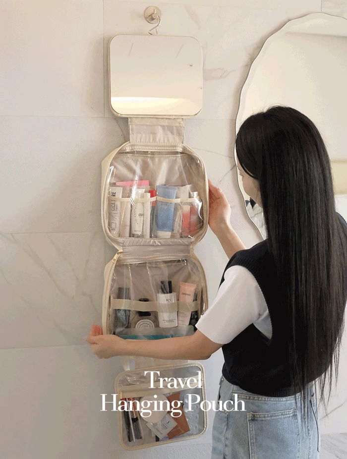 Wall Mounted Toiletry Travel Hanging Pouch Travel Bag with Mirror