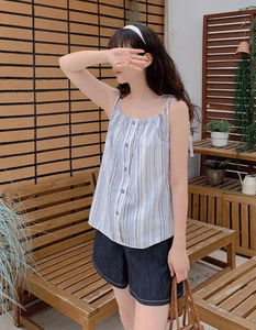 Fake Button 2 Ribbon Strap Sleeveless Blouse