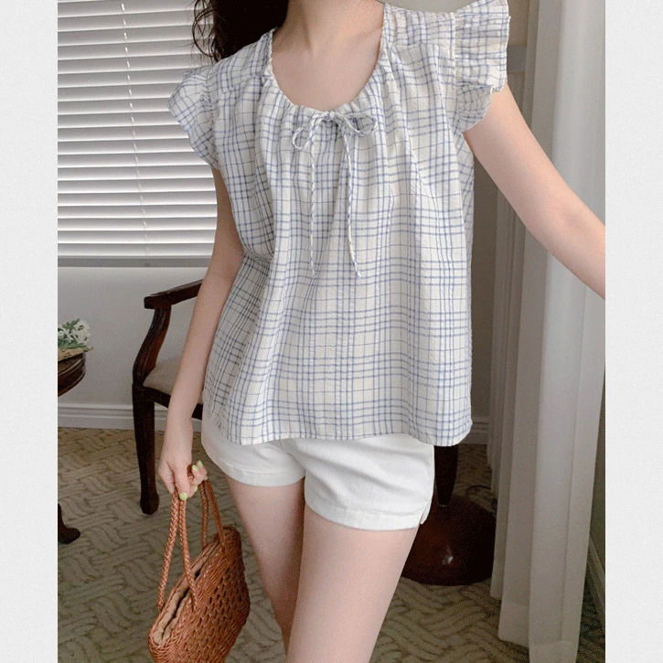 Ruffle check ribbon short sleeve blouse