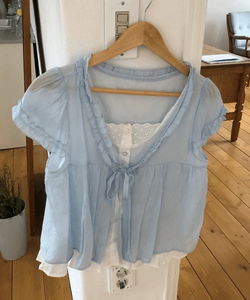 Shower Punching Lace Frill Ribbon Short Sleeve Blouse 3 Colors Girlcore/All-in-one/Layered/Vacation Look