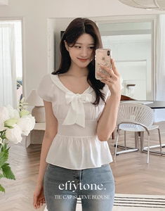 蝴蝶結綁帶荷葉短袖襯衫