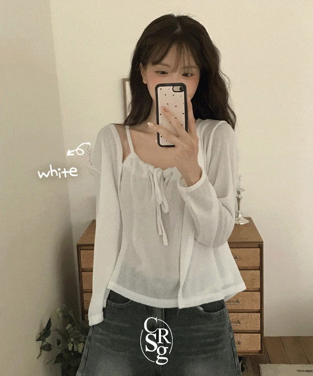 Solli Ribbon Shirring Sleeveless + Loose-fit Long Sleeve Cardigan