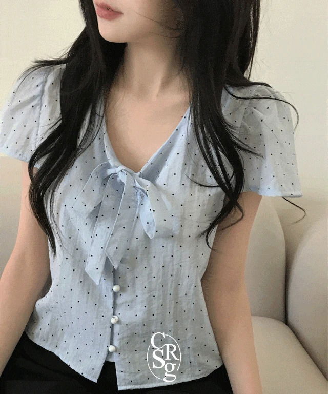 優雅點點V領綁帶短袖襯衫