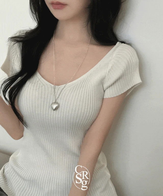 시로 리본끈 골지 반팔 니트