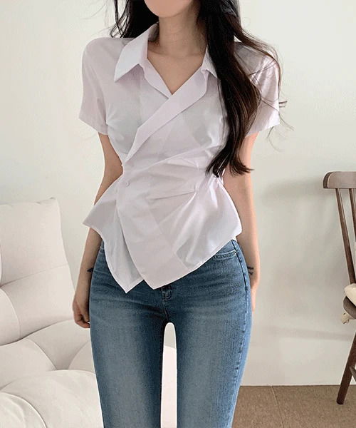Waist-fitting wrap short-sleeved shirt