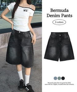 水洗丹寧側邊打褶百慕大短褲