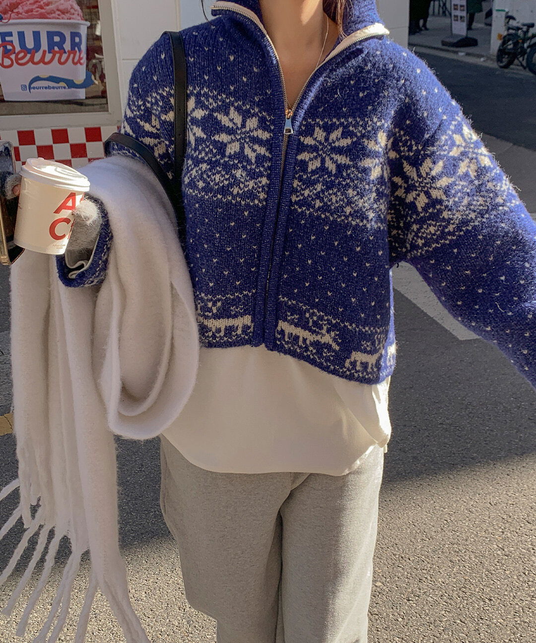 Lures Nordic Pattern High Neck Two Way Zip-Up Knitwear Cardigan