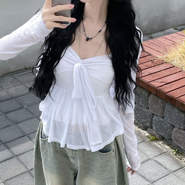 Ribbon Tie See-Through Ribbed Sleeveless Bustier + Crop Long Sleeve Cardigan Set