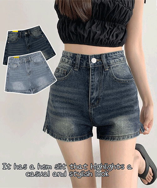 側邊開衩水洗丹寧短褲