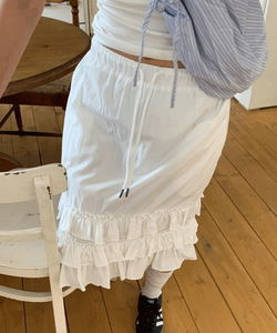 尼龍荷葉邊下擺中長半身裙