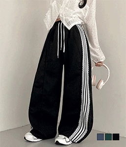 Ribbed lace color blocking track line sweatpants