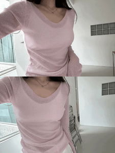 Our V- V-Neck See-through Two-Way Spandex Knitwear T-Shirt (5 colors)