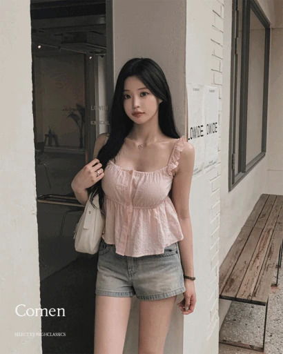 코멘 스퀘어넥 밴딩 프릴 플라워단추 플레어 스트라이프 시스루 나시 블라우스