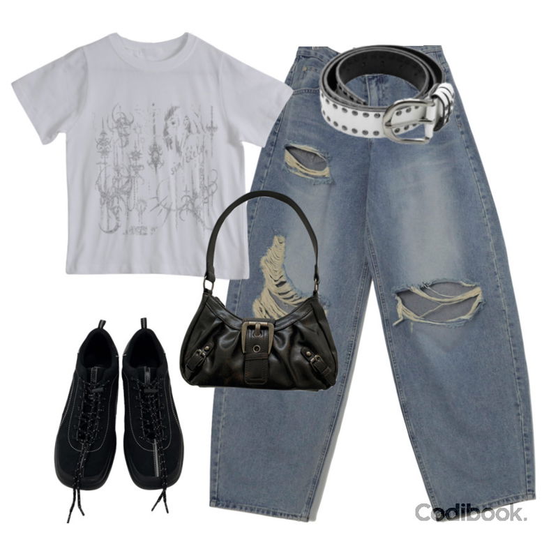 AAKE CASUAL STOPPER SHOES (3color),EEZEE Printed Semi Crop Short Sleeve T-shirt TS022,EEZEE Vintage Distressed Balloon Denim DE017등을 매치한 코디