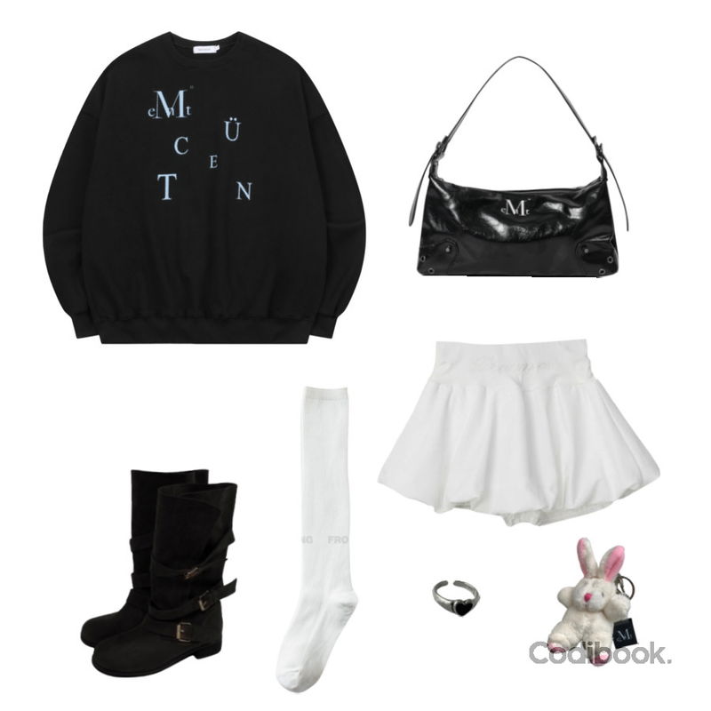 From Beginning 데일리 골지니삭스 (5color),wonderwonder 볼드 블랙 하트 실버 링 반지,MUCENT MUCENT SIGNATURE KEY RING 무센트 시그니처 키링등을 매치한 코디