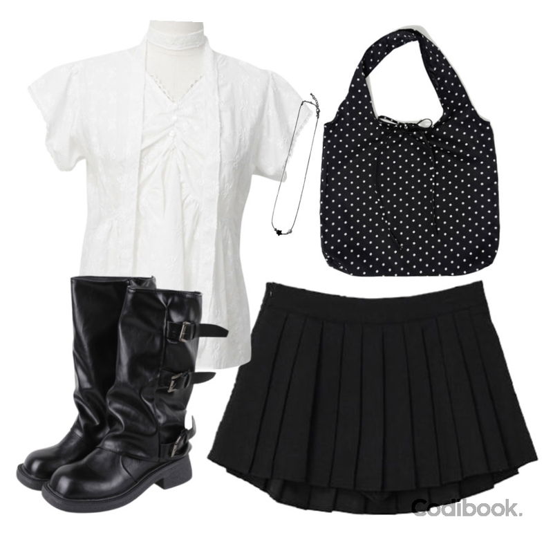 COLOR iN ID 사이드 지퍼 링클 부츠,AAKE (*) BEADS NECKLACE (black),kim9hope 핑퐁 dot bag등을 매치한 코디