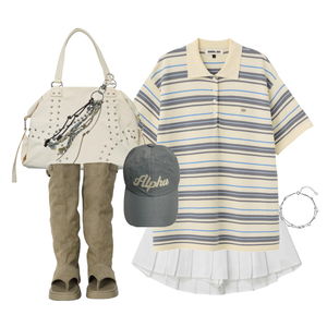 skirt,knitwears,ShoulderBags,stripes,summerlook,trendy,miniskirt,polotshirt,bigbag 코디