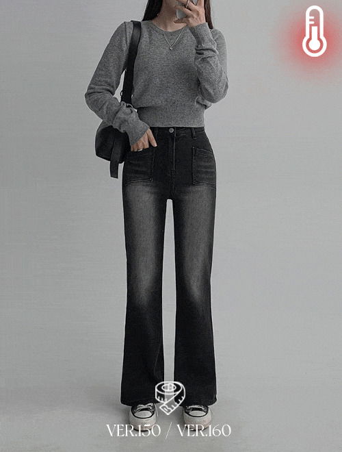 Pocket Fleece-lined semi-denim pants - short girls/select length/2color/4size 牛仔裤