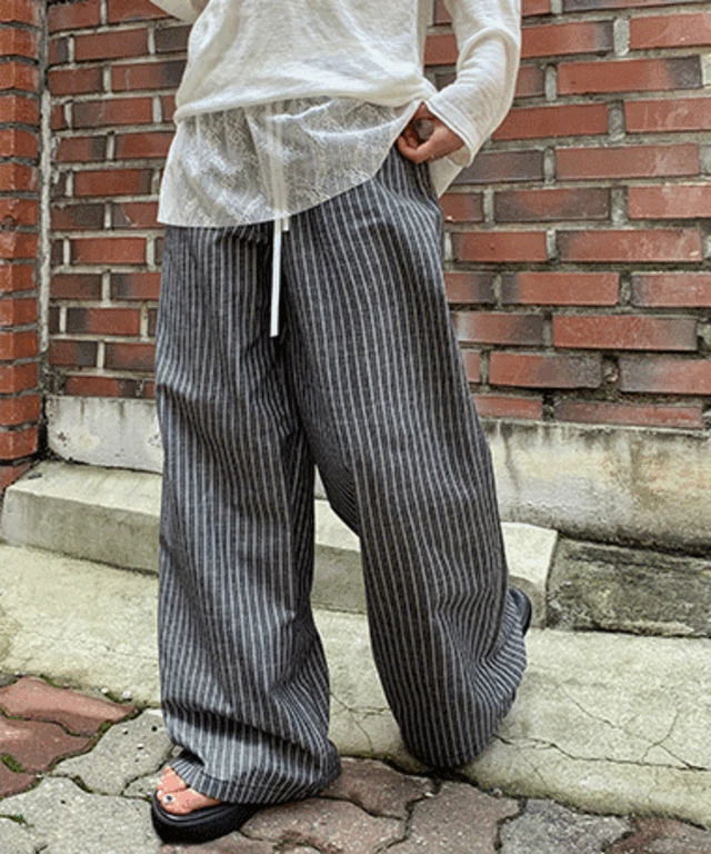 베온티 스트라이프 여름 와이드 밴딩 팬츠