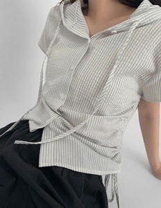Shirring Striped breasted 2-piece hooded shirt blouse