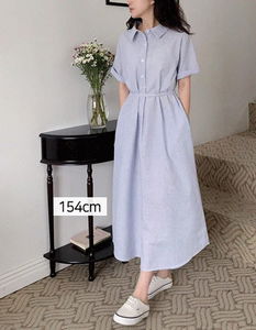 Pocket stripe ribbon short sleeve long Dress