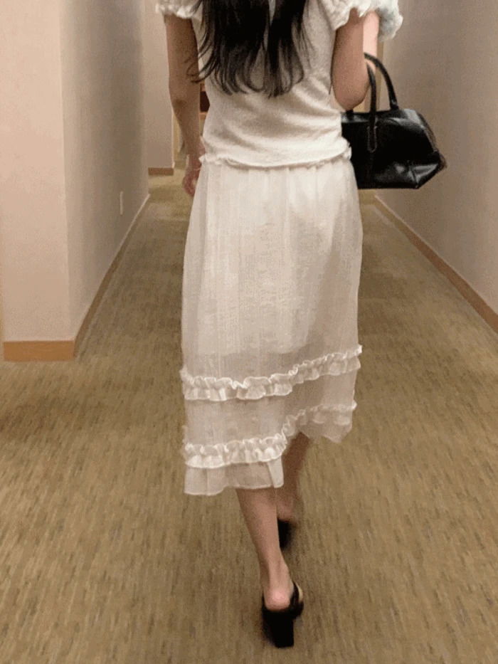 Leah Frill See-Through Layered Banding Midi Skirt (2 Colors)