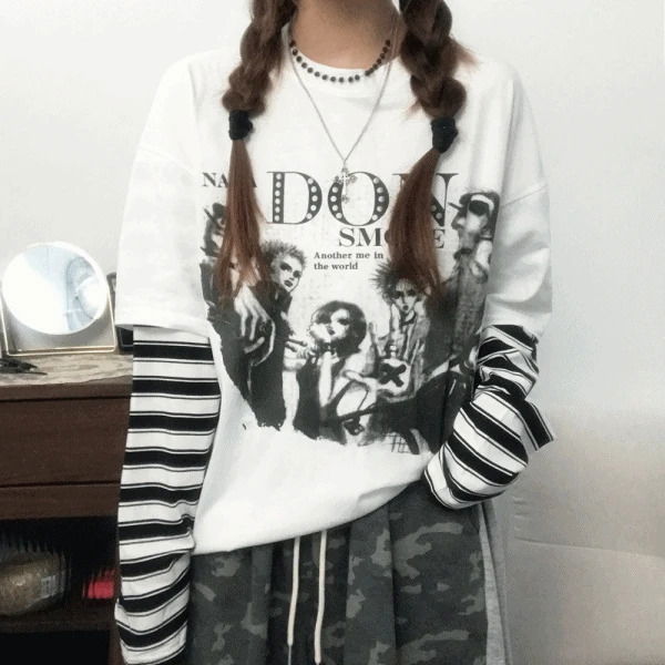 Loose-fit nana stripe layered dyed long sleeve t-shirt