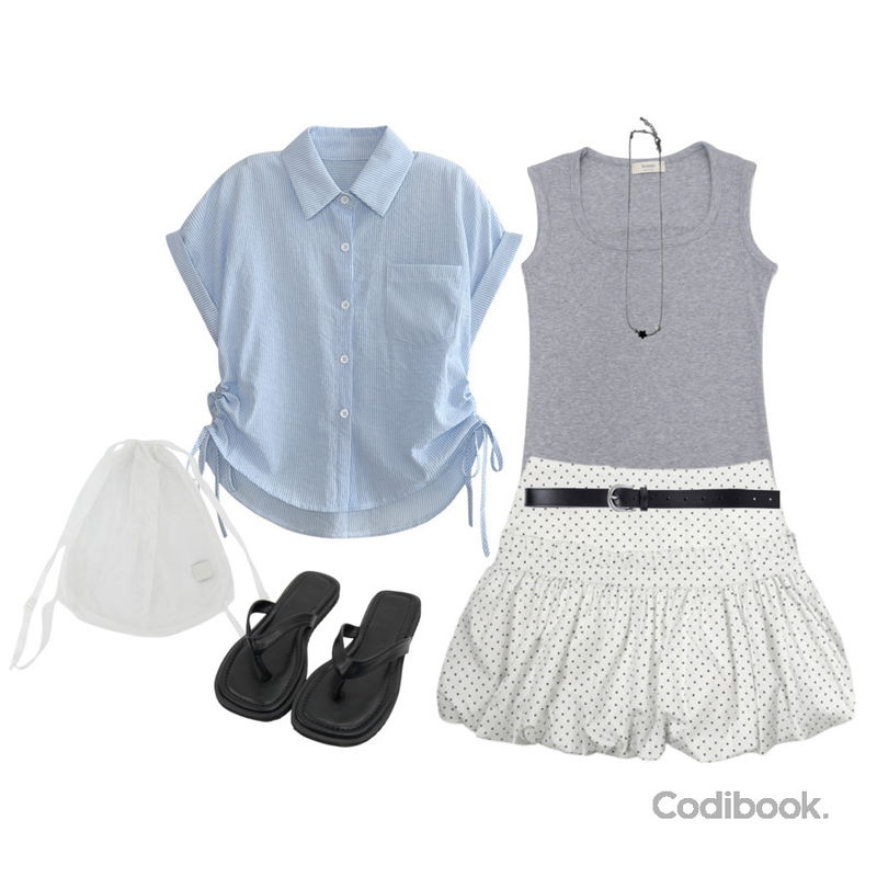 porterna 듀트 라운드 벨트,DAILYJOU 쥬스 스퀘어 베이직 쪼리,DAILYJOU 파르노 메쉬 투웨이 짐색 백팩등을 매치한 코디