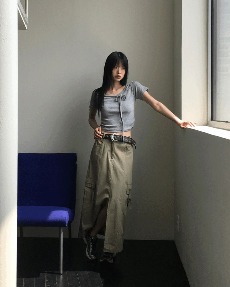 鬆身剪裁綁帶多袋長裙