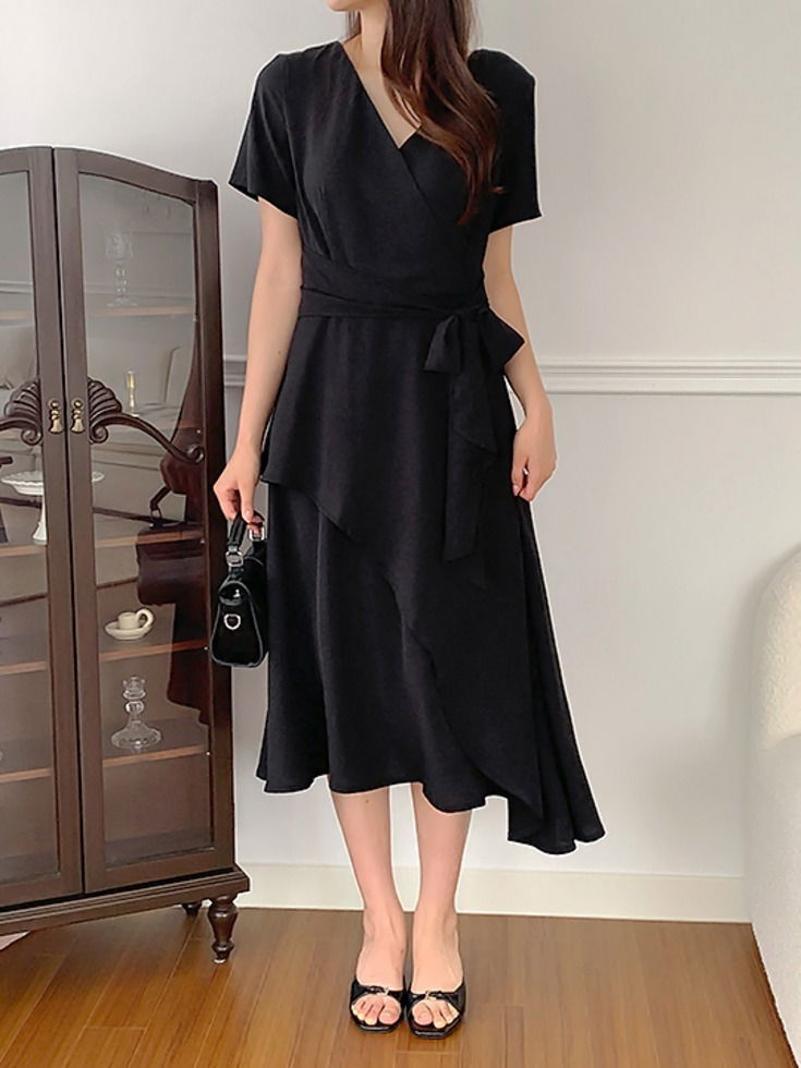 Perthia V V-Neck one-shoulder wrap style ribbon long one- Dress
