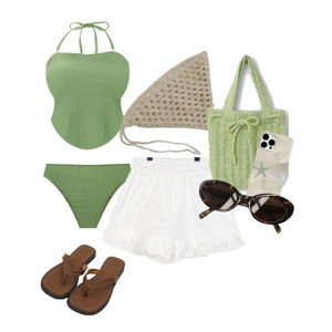summer,beach,ootd,outfit,green,white,greenandwhite,shades,sunglasses,crochet,bikini,shorts,sandals,comfy,comfortable 코디