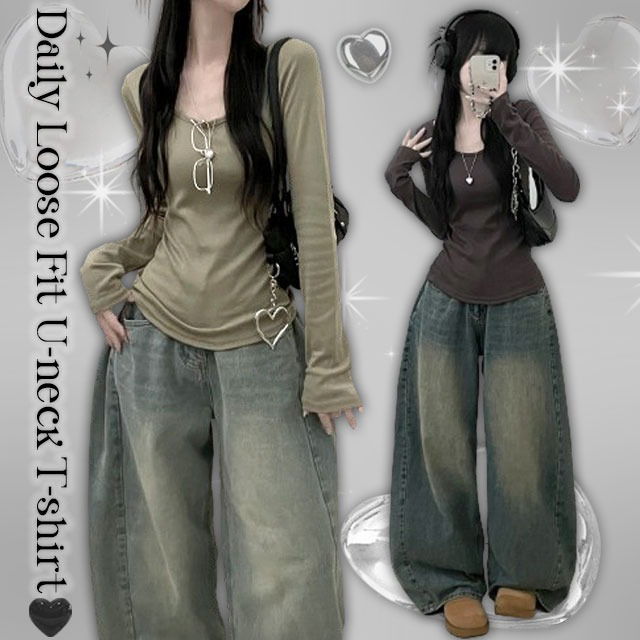 *Long-sleeved version, forearm cover, one-neck rappa, Loose-fit, plain long-sleeved tee