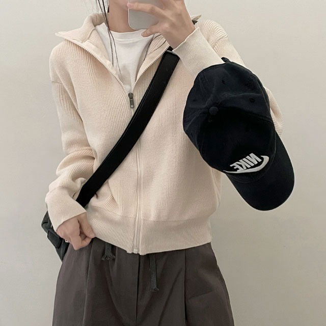 Open Half Neck Knitwear Zip-up Cardigan