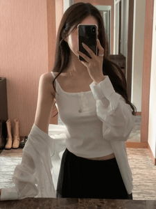 Simple Button Square Neck Ribbed Sleeveless Sleeveless (2 colors)