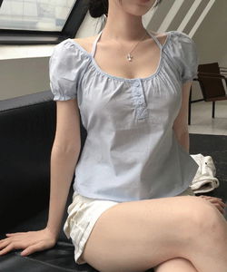 絲絨感圓領澎袖襯衫