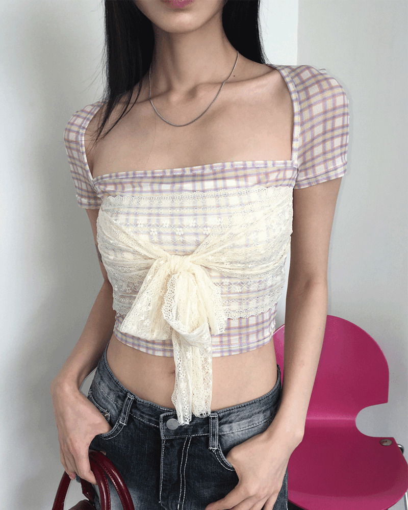 Botte lace ribbon back slit check mesh short sleeve T-shirt